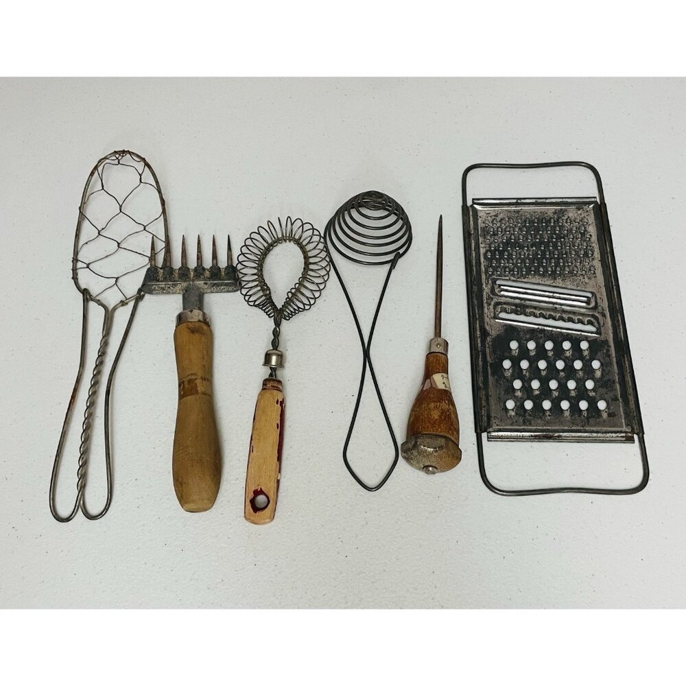 Vintage Kitchen Tools Utensils Gadgets Farmhouse Farm Retro Whisk Grater Masher